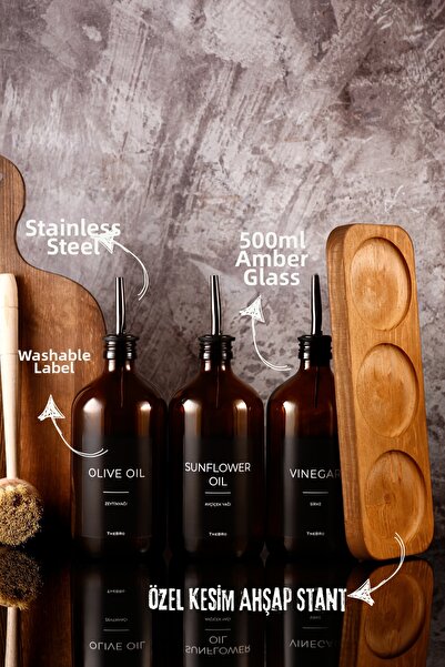 TheBRo 500ml Black Series Olive Oil, Sunflower Oil, Vinegar Bottle with Woode...