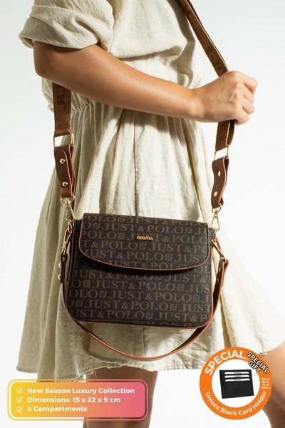 Just Polo حقيبة كتف نسائية أصلية فاخرة من الجلد الناعم مكونة من 4 أقسام وحزام...