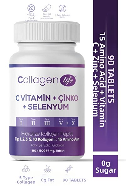 COLLAGEN LIFE 5 Types of Collagen Type 1, Type 2, Type 3, Type 5, Type 10, (Selenium, Vitamin C and Zinc) 90 Tablets