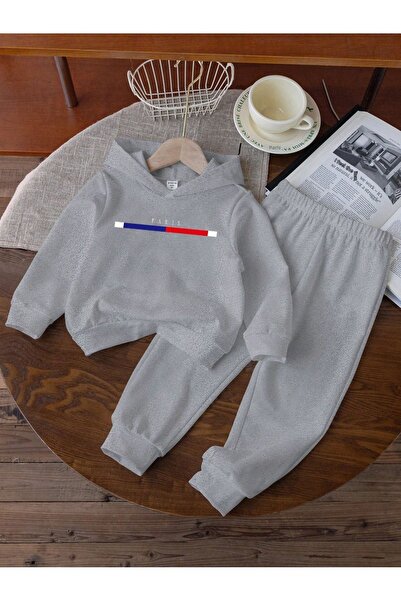 vbs vibes Barevná bavlněná dětská mikina s kapucí s potiskem Paris - šedý pot...