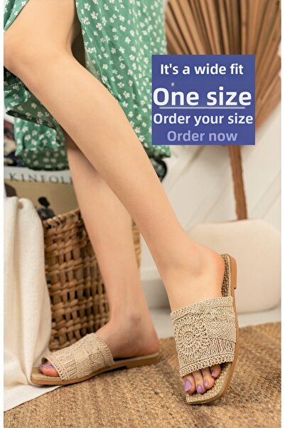 Modafırsat شبشب نسائي مريح بتفاصيل دانتيل باللون البيج للموسم الجديد، شبشب صيفي محبوك ومطرز