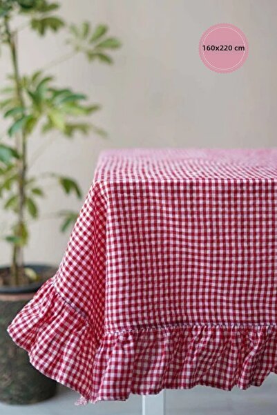 KaiHome مفرش طاولة مكشكش منقوش باللون الأحمر العضوي / مفرش للنزهات 160x220