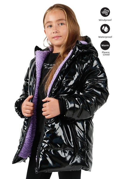 Merdia Palton pentru fetiță, rezistent la apă și vânt, cu glugă din blană, ne...