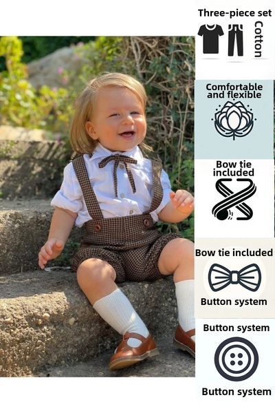 Ares Kids Fashion قميص قصير بني اللون وربطة عنق مخططة للأولاد والبنات هدية عي...