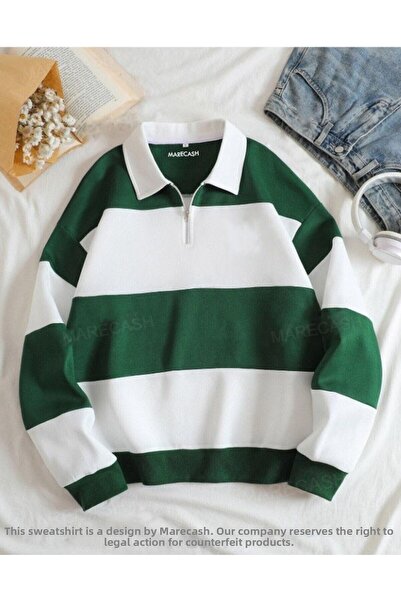 MARECASH Green White Piece Color Half Zipper Polo Neck Sweatshirt with Fleece Inside Unisex Non-Flowing Fabric