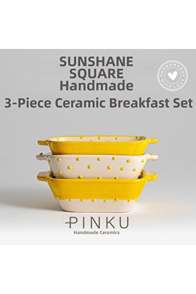 PINKU Ceramics طقم إفطار مكون من 3 قطع مصنوع يدويًا من السيراميك من صن شاين س...