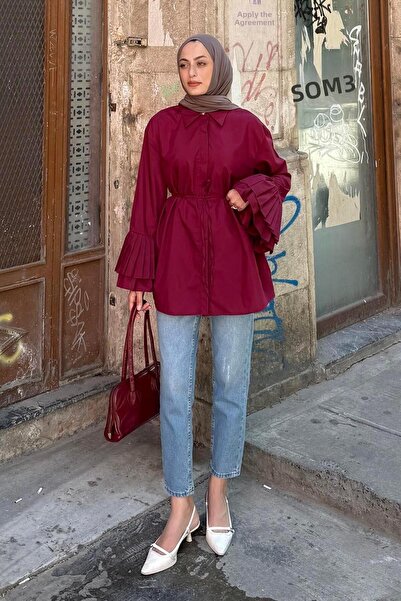 lamelif Pleated Long Shirt Burgundy