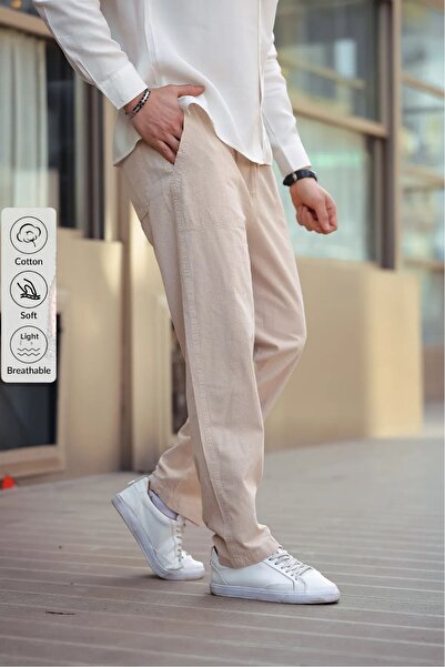 COMBİNE MİCHAİL Pánské ležérní kalhoty ze směsi letního plátna béžové barvy