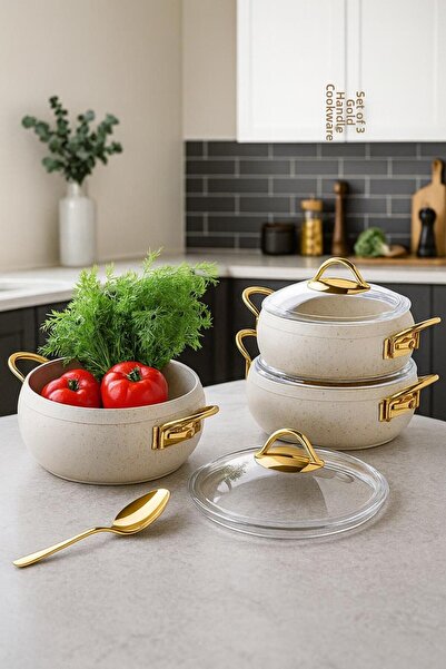 LAVONNI طقم قدور جرانيت كالدورا 6 قطع بمقابض ذهبية كريمية - 18/20/22 عميق