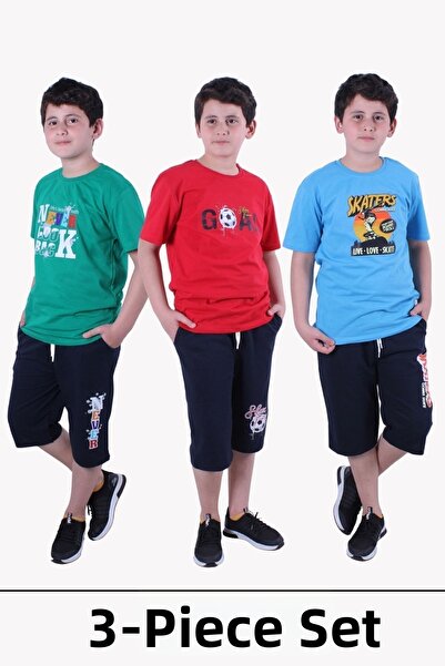FYK KİDS طقم تي شيرت كابري علوي للأولاد مكون من 3 قطع