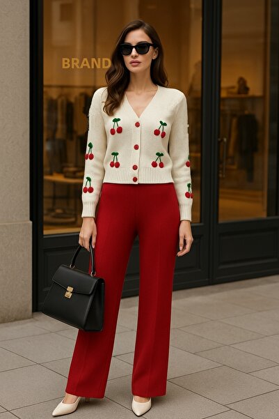 DAMGA Collection Women's Cherry Patterned Double Knitwear Set Bottom Top