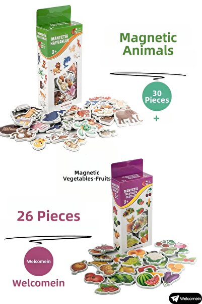 lowell home لعبة مغناطيسية مغناطيسية 30 قطعة حيوانات 26 قطعة مجموعة تعليمية من الخضار والفواكه