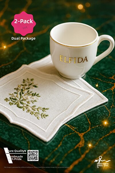 ELFİDA مناديل تقديم مزخرفة مطرزة لجانب الكوكتيل والقهوة، باللون الأخضر العشبي (قطعتان)