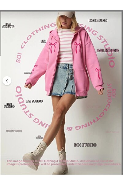 Boi Women's Pink Bow Printed Sweatshirt Zippered Cardigan - Pink 3-Thread Raised Oversized Hooded Jacket