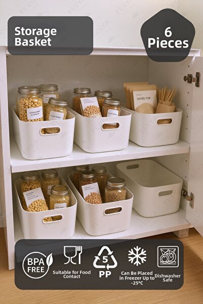 Fesya Home 6 قطع من حاوية تخزين منظم منظم بلاستيك أبيض اللون متعدد الأغراض