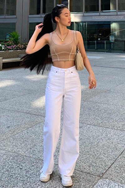 MAKRAS EXCLUSIVE High Waist and Inner No Show White Palazzo Jeans - Loose Lycra, Wide Leg Wide Leg