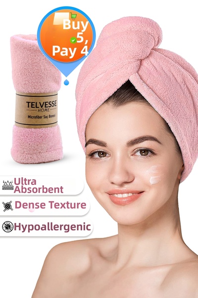 Telvesse منشفة شعر سميكة من الألياف الدقيقة للشاطئ والبحر وغطاء حمام السباحة لتجفيف الشعر ومنشفة رأس لتجفيف الشعر باللون الوردي