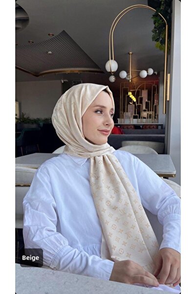 GÖ SCARF SHAWL شال فاخر مستورد من الحرير Lv باللون البيج الكريمي على الوجهين