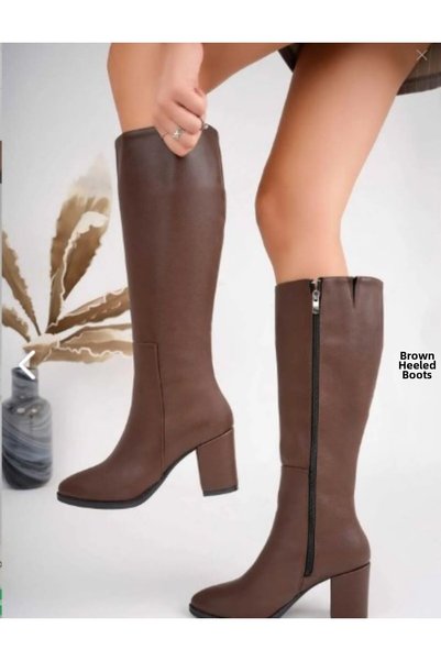 motto store Women's Heeled Long Boots Women's Black Zippered Below the Knee Length Heeled Boots Heel Height 9 cm