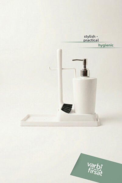 Varbifırsat Soft Silicone Brushed Countertop Kitchen Bathroom Liquid Soap Dispenser Set Sponge Holder Cloth Set