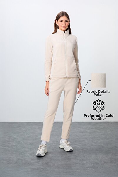 TOMMY LIFE Set de trening pentru damă, cu guler în picioare, bej, brodat supradimensionat din lână -95339