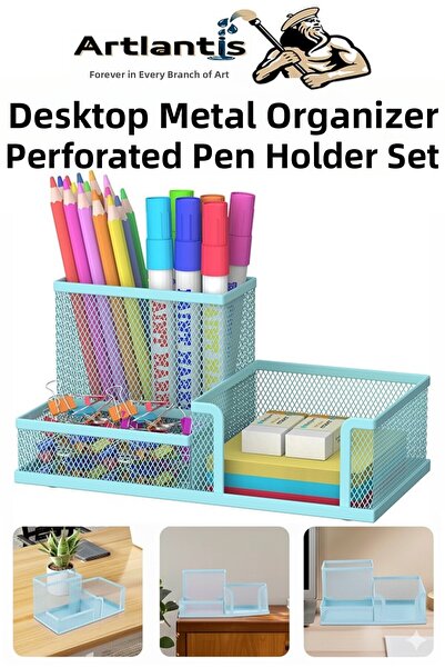 Artlantis Desktop Metal Pen Holder Set 3-Piece Combo 1 Pack Mesh Perforated P...