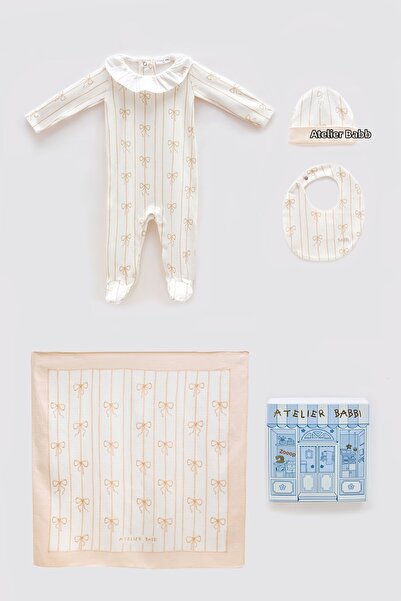 Atelier Babbi 100% Cotton 4-Piece Newborn Set - Ribbon / Beige