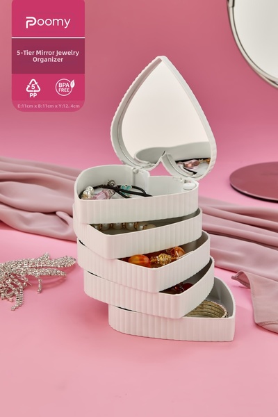 FeyzaDesign منظم مجوهرات أنيق على شكل قلب مينا 5 طبقات مع مرآة لون أبيض