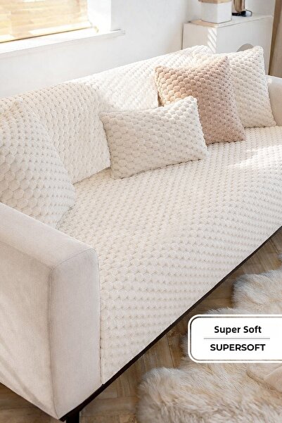 Evlen Home Collection غطاء أريكة من الفرو الناعم مقاس 170 × 215 سم، غطاء أريكة فاخر من القطيفة الناعمة غير قابل للانزلاق، كريمي أبيض فاتح