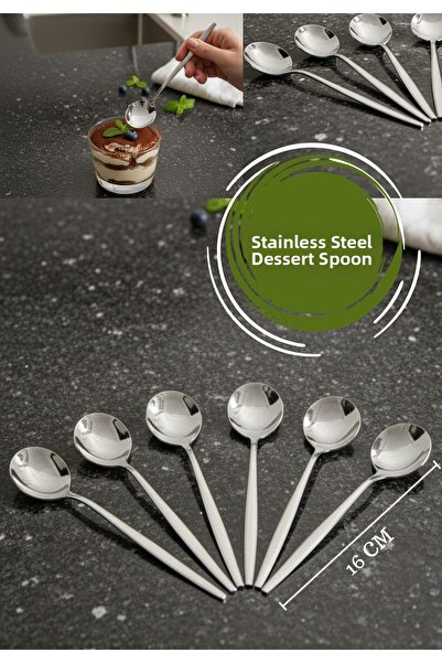 BRE HOME طقم من 6 ملاعق حلويات فضية شكل دائري طول 14 سم 18/10 فولاذ