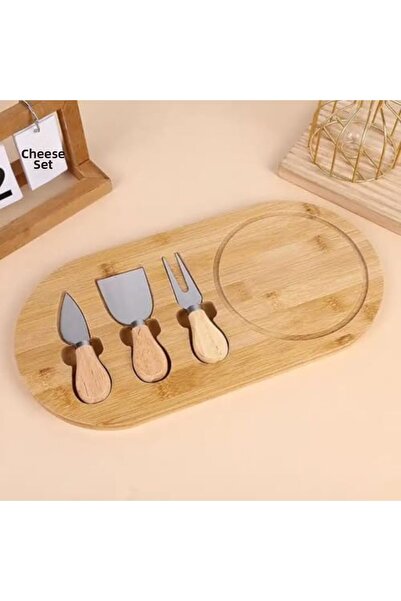 Yıldızan Esnshop Bamboo Cheese Presentation Plate, 3-Piece Cheese Knife and F...