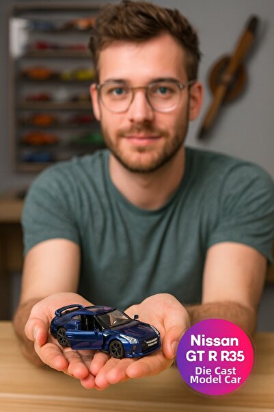 TOYFEST Far East Series Nissan Gt R R35 Blue Opening Doors Diecast Pull Drop Metal Model Car 11 cm 1:32