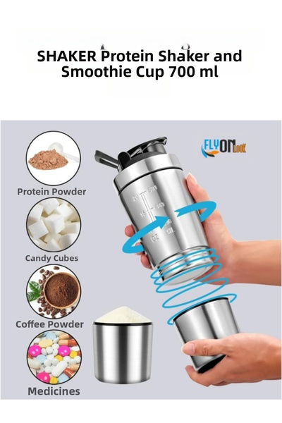 FLYONLOOK خلاط بروتين من الفولاذ 304 سعة 700 مل - خلاط بدون كبسولات، مع حجرة ...