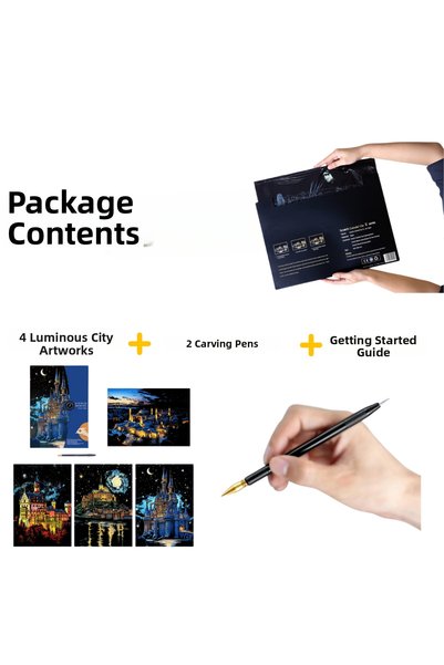 minyaturia Scratch Art Set – Glowing City Artifacts 4 Pieces |   Gift Hobby Set - Scraping Paper A3