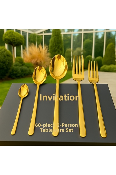 Davet Lotus Gold Stainless Steel 12 Person 60 Piece Boxed Cutlery Set - Stainless Steel Set