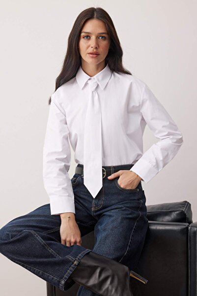 Trendyol Collection White Tie Wide-Cut Shirt Twoaw26Go00142