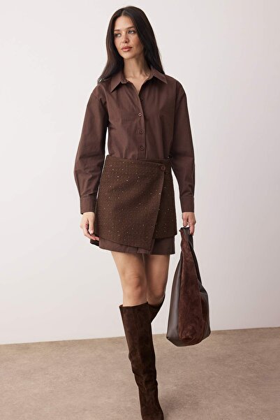 Trendyol Collection Καφέ ίσιο κοντό / μίνι τουίντ φορέματα πουκάμισο με υφαντό φόρεμα TWOAW26EL00367