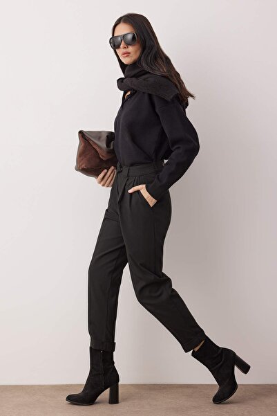 Trendyol Collection Black Pleated Pipe Leg Draped High Waist Fabric Pants Twoaw26Pl00155