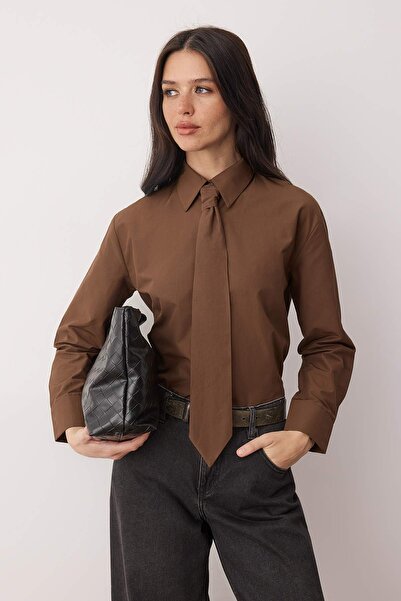 Trendyol Collection Brown Tie Wide Cut Shirt Twoaw26Go00142