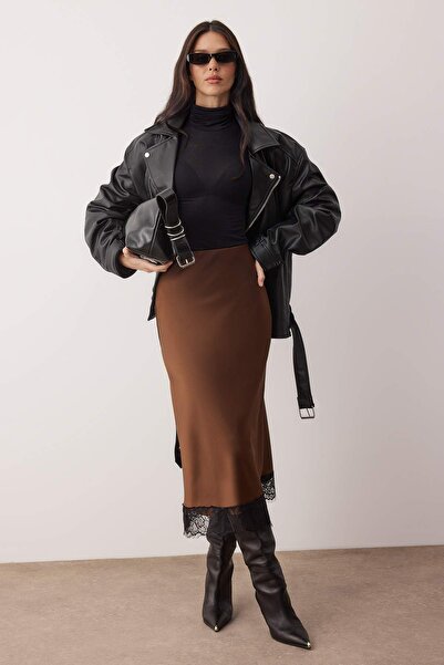 Trendyol Collection Brown Lace Detailed Midi Length Satin Skirt Twoaw26Et00169