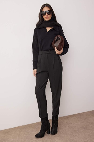 Trendyol Collection Black Pleated Pipe Leg Draped High Waist Fabric Pants Twoaw26Pl00155