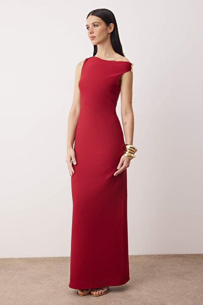 Trendyol Collection Burgundy Accessory Detail Asymmetric Neckline Woven Maxi Stylish Evening Dress Night Graduation Dress Tpraw26Ae00004