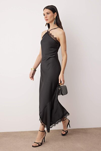 Trendyol Collection Black Plain Lace Detailed Woven Satin Midi Unlined Stylish/Evening Dress
