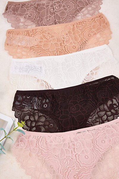 Trendyol Collection Brown-Multicolor 5-Pack Single Jersey Lace Striped High Waist Slip Panties Thmss26Ku00004