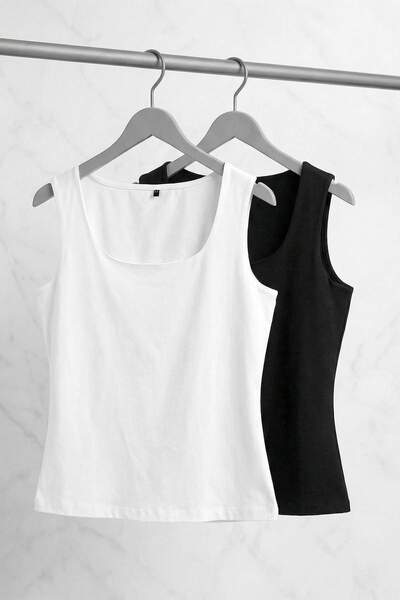 Trendyol Curve Black-White 2-Pack Square Neck Knitted Plus Size Tank Top