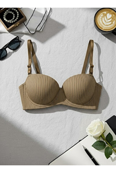 Comfort Women’s Padded Striped Memory Foam Bra – Non-Wired Everyday Fit – Beige