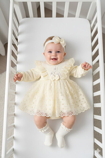 Miniday Baby Kız Bebek Mevlütlük Elbise Bandanalı Dantelli ELB1066