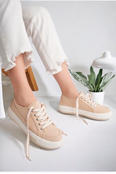 LANDSHOES Pudra Kadın Yüksek Taban Sneaker Keten Kumaş Bağcıklı Spor Ayakkabı