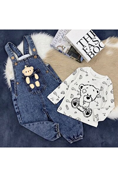 Mişsa Bebe Baby Kids Jeans Denim Overalls Salopet with Teddy Bear