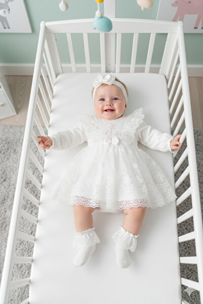 Miniday Baby Kız Bebek Mevlütlük Elbise Bandanalı Dantelli ELB1066
